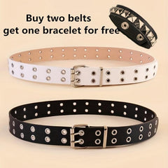Punk Eyelet Belt Double Pin Buckle PU Belt 2pcs Set