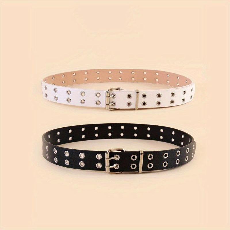 Punk Eyelet Belt Double Pin Buckle PU Belt 2pcs Set