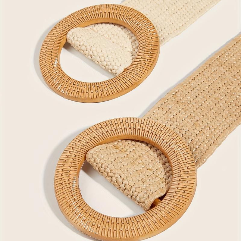 2pcs Round Buckle Straw Belt Bohemian Solid Waistband for Women