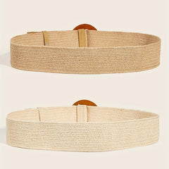 2pcs Round Buckle Straw Belt Bohemian Solid Waistband for Women