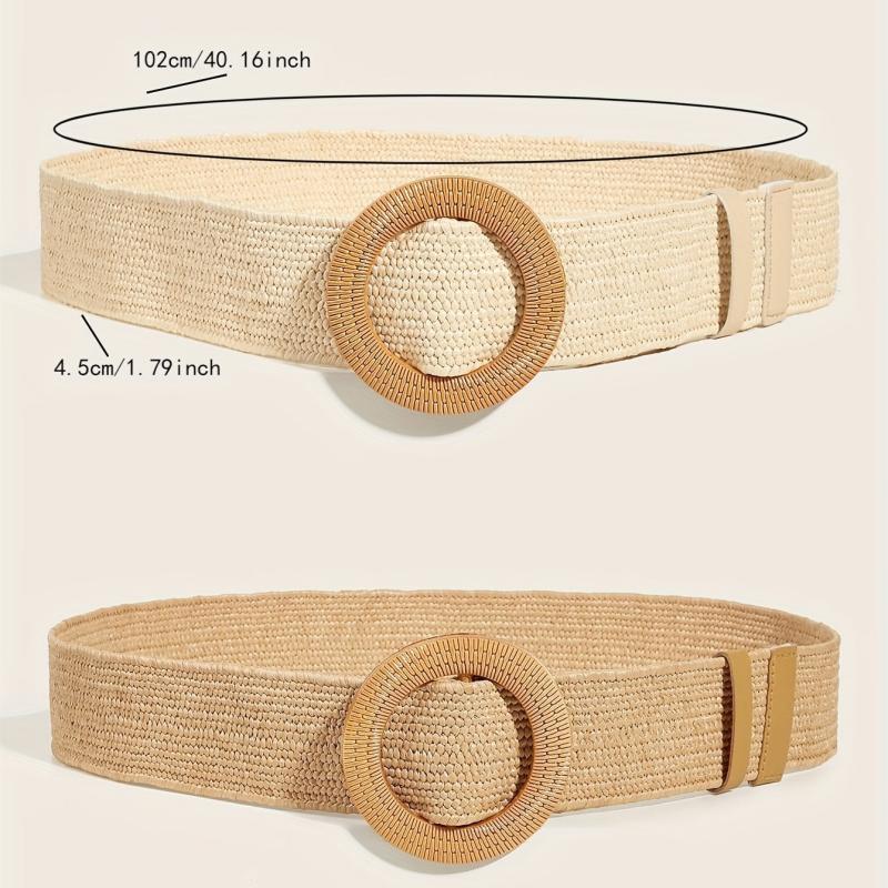 2pcs Round Buckle Straw Belt Bohemian Solid Waistband for Women