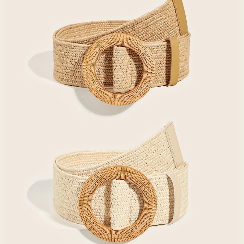 2pcs Round Buckle Straw Belt Bohemian Solid Waistband for Women