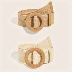 2pcs Round Buckle Straw Belt Bohemian Solid Waistband for Women