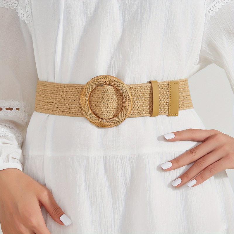 2pcs Round Buckle Straw Belt Bohemian Solid Waistband for Women