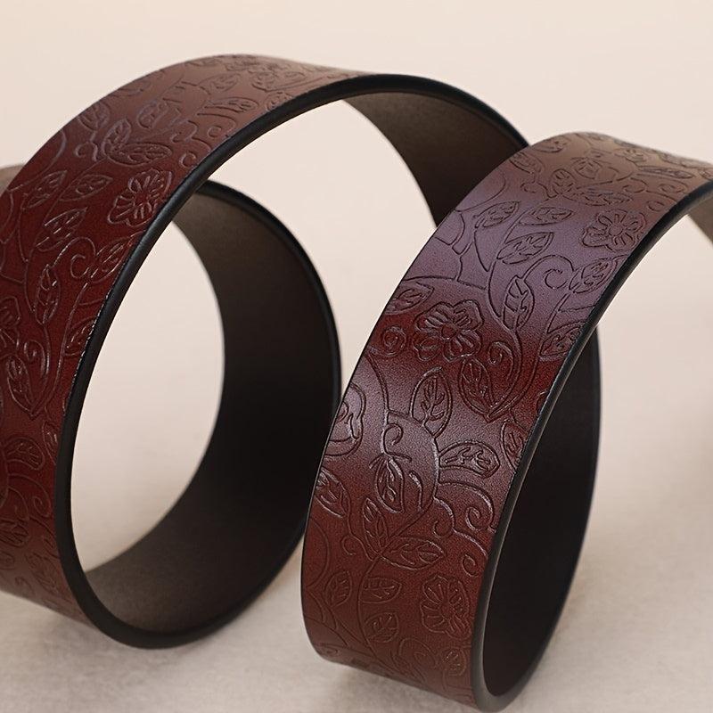 Embossed Cowhide Leather Belt with Square Buckle