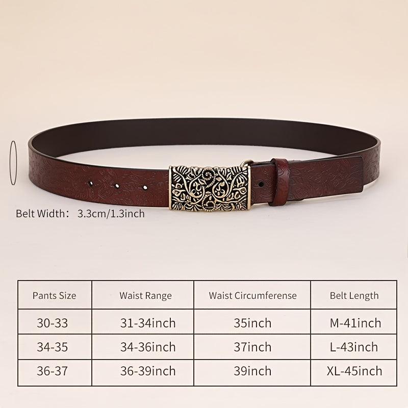 Embossed Cowhide Leather Belt with Square Buckle