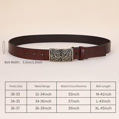 Embossed Cowhide Leather Belt with Square Buckle