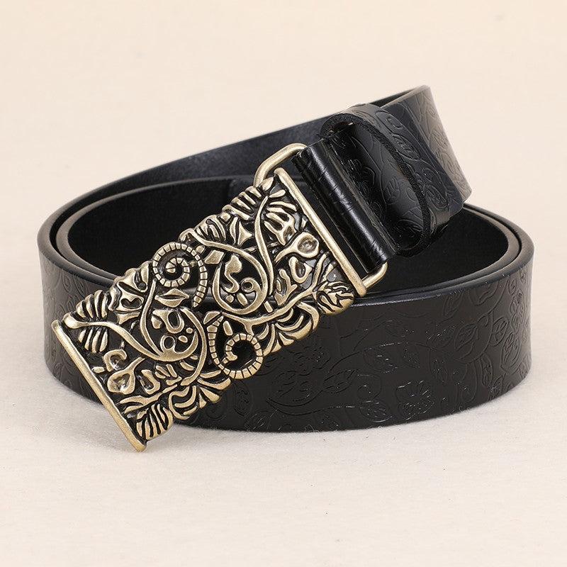 Embossed Cowhide Leather Belt with Square Buckle