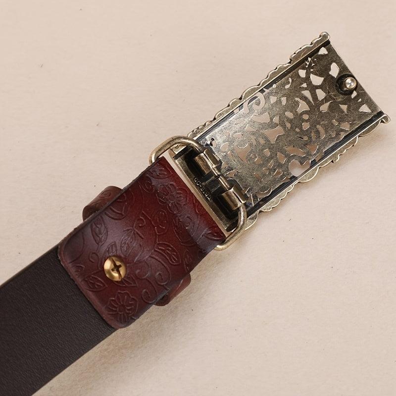 Embossed Cowhide Leather Belt with Square Buckle