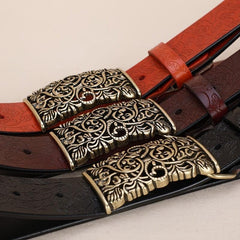 Embossed Cowhide Leather Belt with Square Buckle