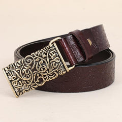 Embossed Cowhide Leather Belt with Square Buckle