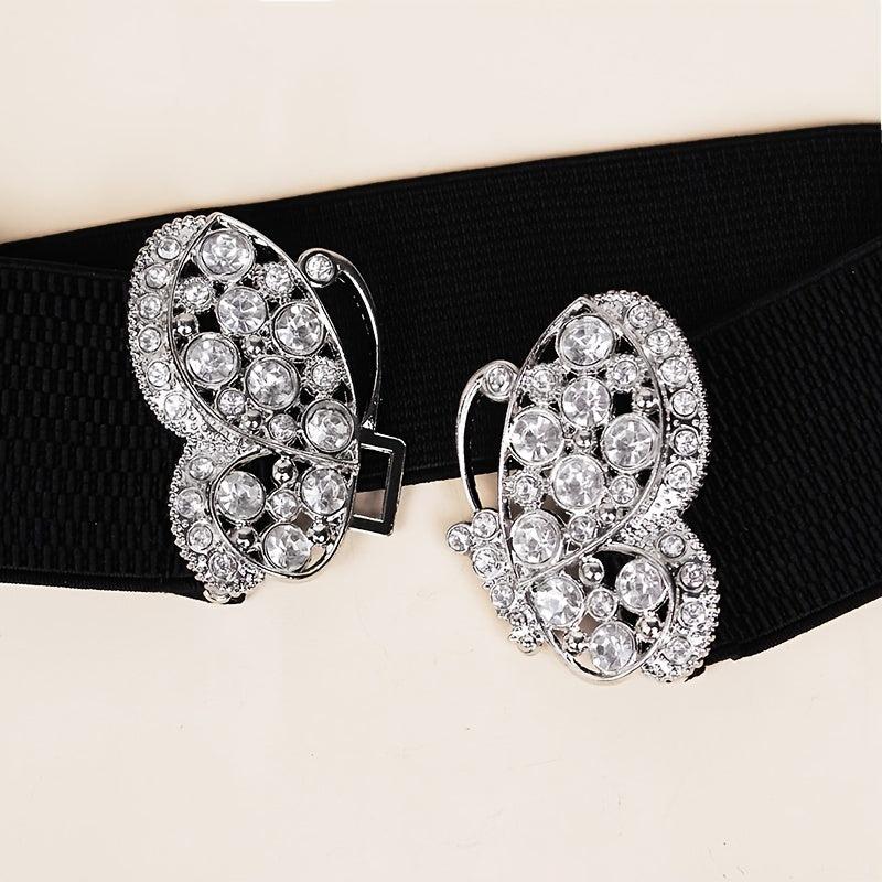 Rhinestone Belt Butterfly Decorated Elastic Girdle Butterfly Hook Buckle