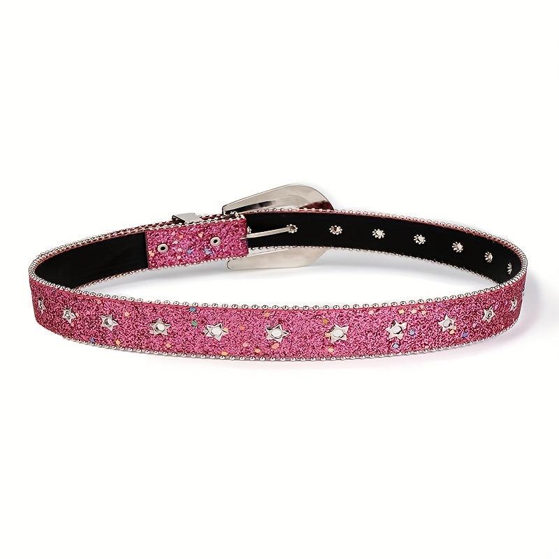 Rose Red Sequin Y2K PU Belt Star Rivet Eyelet Punk Rhinestone Belt