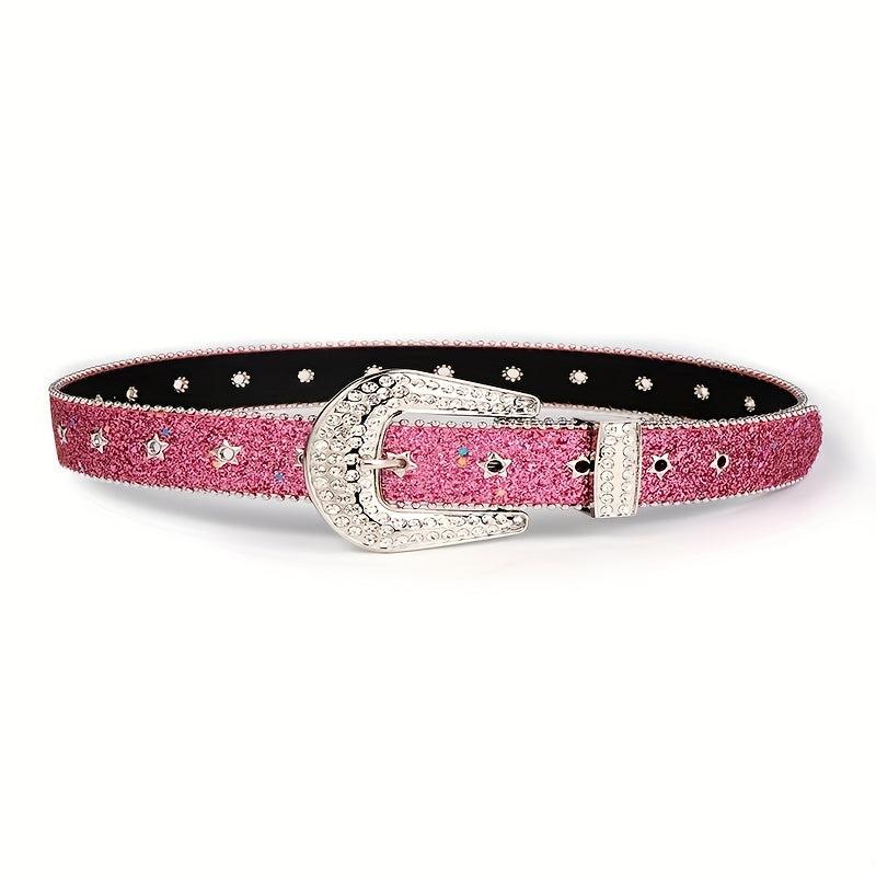 Rose Red Sequin Y2K PU Belt Star Rivet Eyelet Punk Rhinestone Belt