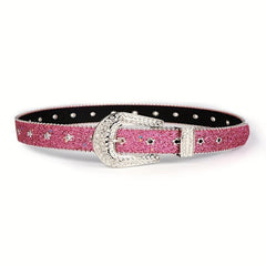 Rose Red Sequin Y2K PU Belt Star Rivet Eyelet Punk Rhinestone Belt