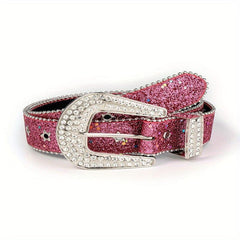 Rose Red Sequin Y2K PU Belt Star Rivet Eyelet Punk Rhinestone Belt