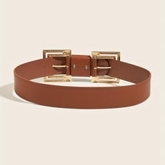 Vintage PU Leather Belt Double Square Metal Buckle Wide Belt Women's