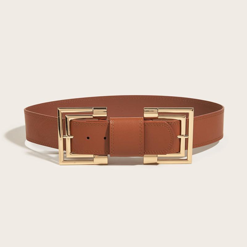 Vintage PU Leather Belt Double Square Metal Buckle Wide Belt Women's
