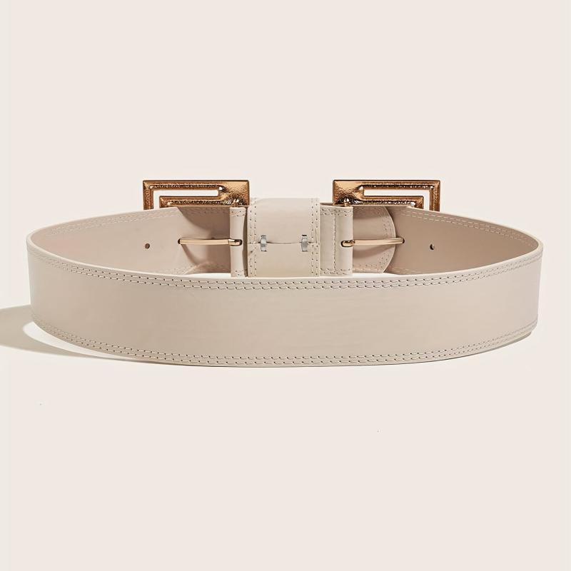 Vintage PU Leather Belt Double Square Metal Buckle Wide Belt Women's