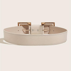 Vintage PU Leather Belt Double Square Metal Buckle Wide Belt Women's