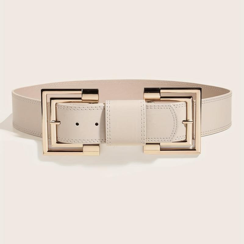 Vintage PU Leather Belt Double Square Metal Buckle Wide Belt Women's