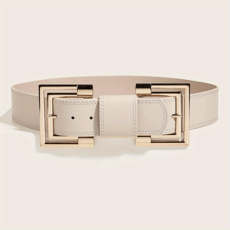 Vintage PU Leather Belt Double Square Metal Buckle Wide Belt Women's