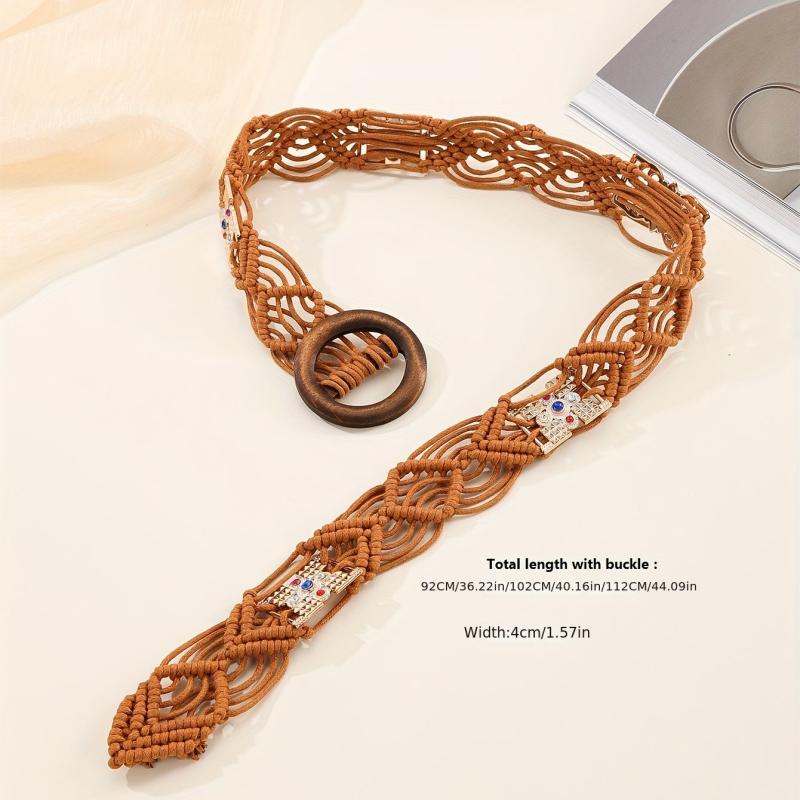 Boho Braided Coffee Belt Vintage Wax Rope Macrame Hollow Belts