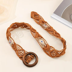 Boho Braided Coffee Belt Vintage Wax Rope Macrame Hollow Belts