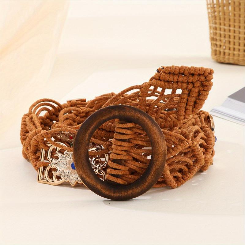 Boho Braided Coffee Belt Vintage Wax Rope Macrame Hollow Belts