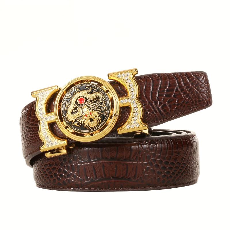 Dragon Embossed Auto Buckle Belt Faux Diamond Inlaid Pu Leather Waist Strap