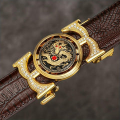 Dragon Embossed Auto Buckle Belt Faux Diamond Inlaid Pu Leather Waist Strap
