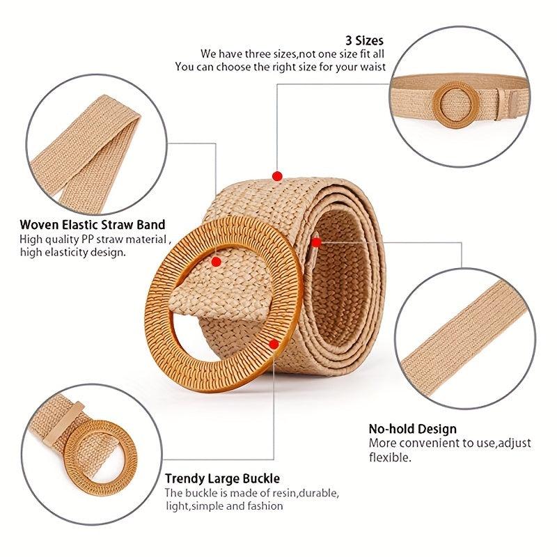 Straw Woven Belt Elastic Vine Belt Boho Waistband Dress Belt Wooden Buckle