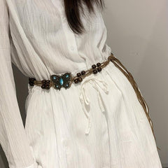 Boho Butterfly Flower Sash Belt Metal Hollow Waistband Vintage Bowknot Girdle