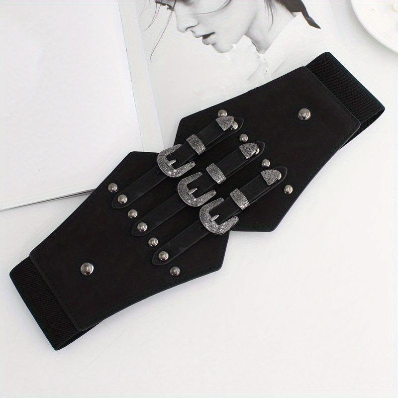 Wide Punk Elastic Waistband Rivet Belt