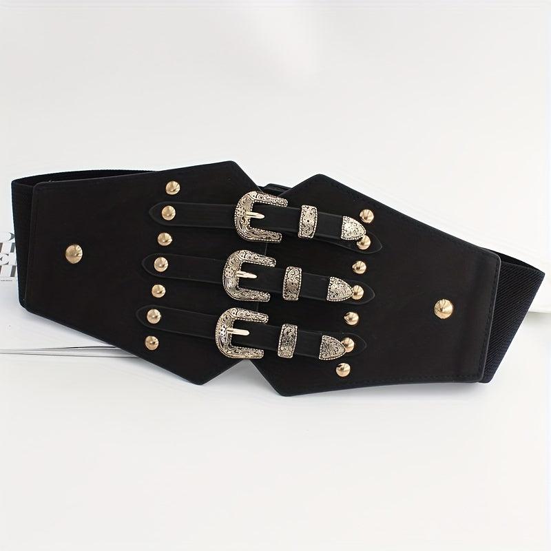 Wide Punk Elastic Waistband Rivet Belt