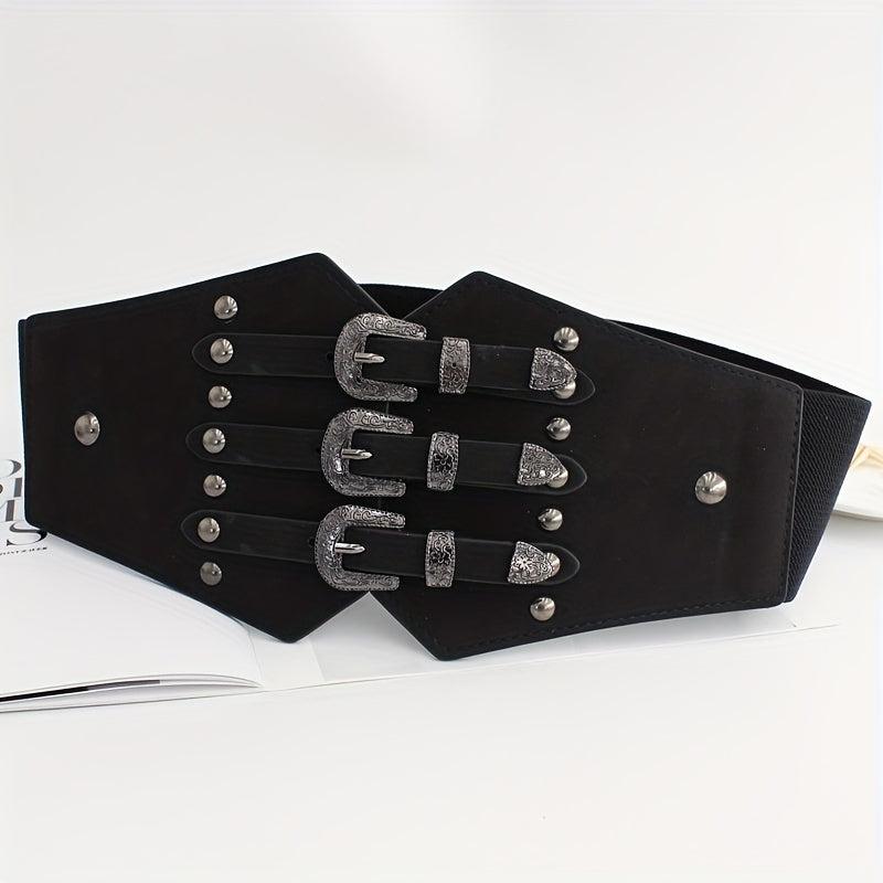 Wide Punk Elastic Waistband Rivet Belt