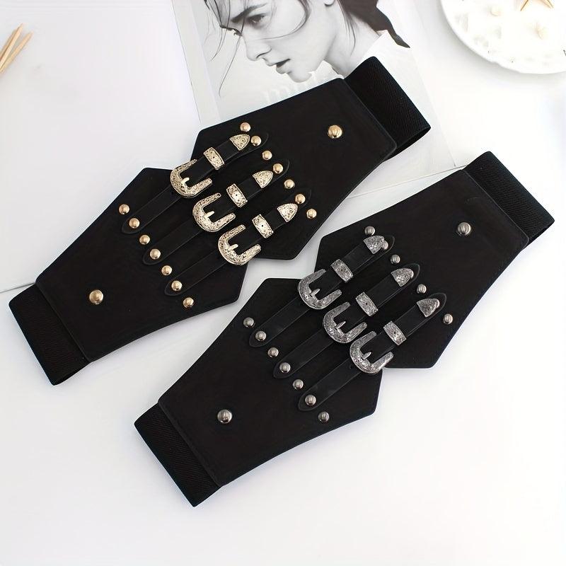 Wide Punk Elastic Waistband Rivet Belt