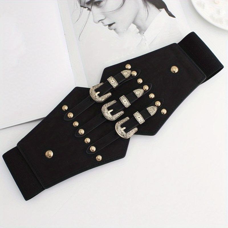 Wide Punk Elastic Waistband Rivet Belt