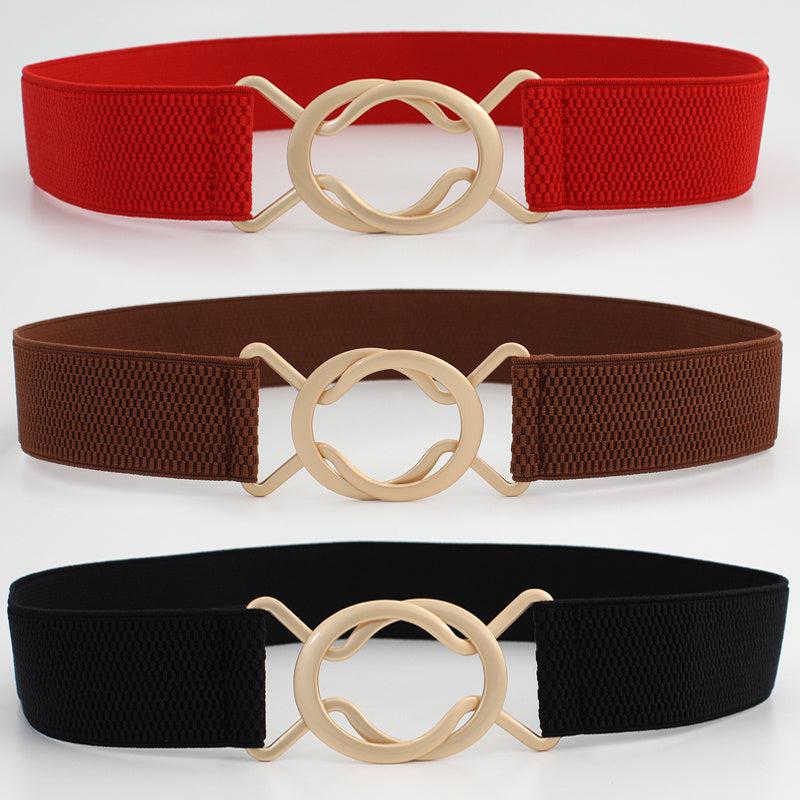 Wide Elastic Dress Belt Solid Coat Party Belts Round Double Cross Buckle