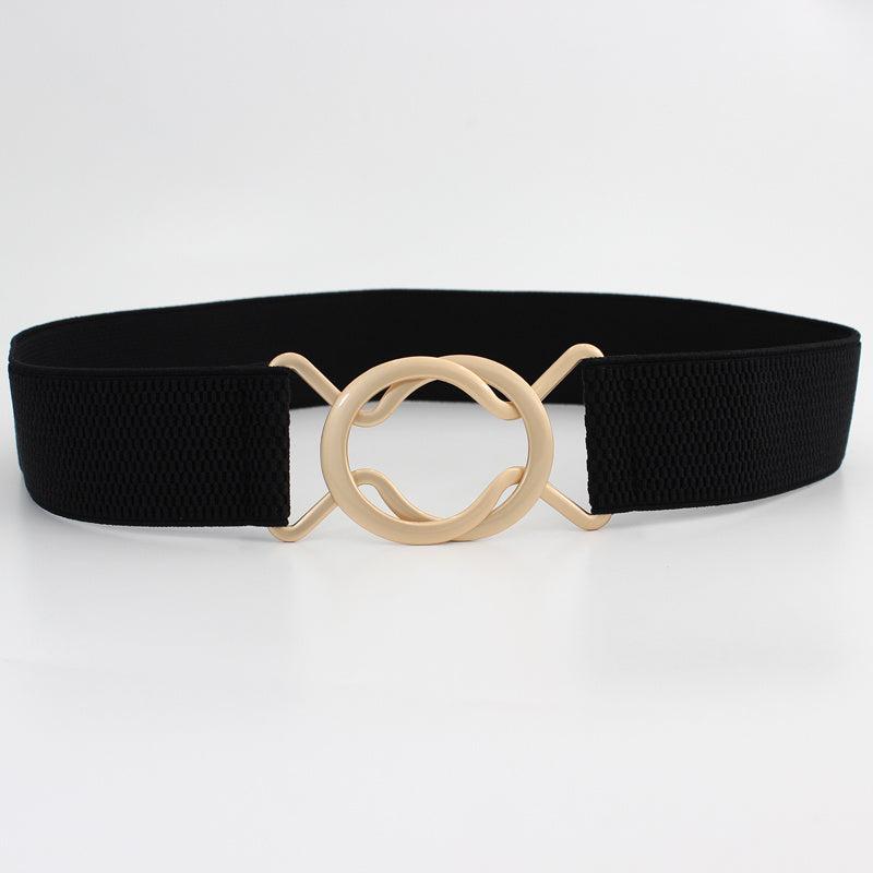 Wide Elastic Dress Belt Solid Coat Party Belts Round Double Cross Buckle