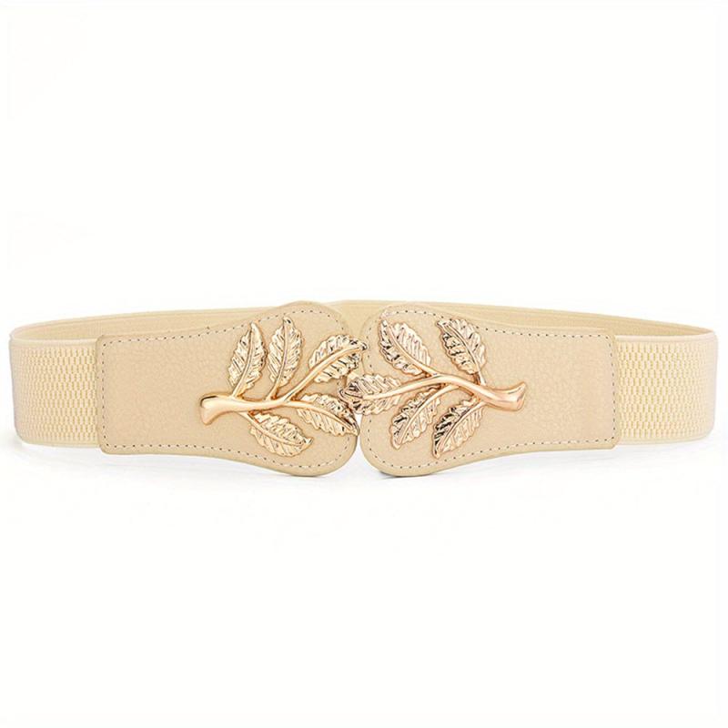 Golden Leaf Buckle Wide Belt Elastic Waistband Women Coat Dress Girdle