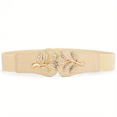 Golden Leaf Buckle Wide Belt Elastic Waistband Women Coat Dress Girdle