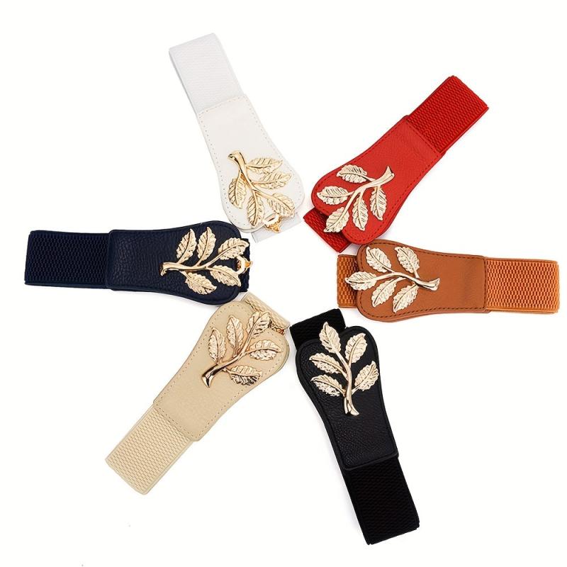 Golden Leaf Buckle Wide Belt Elastic Waistband Women Coat Dress Girdle