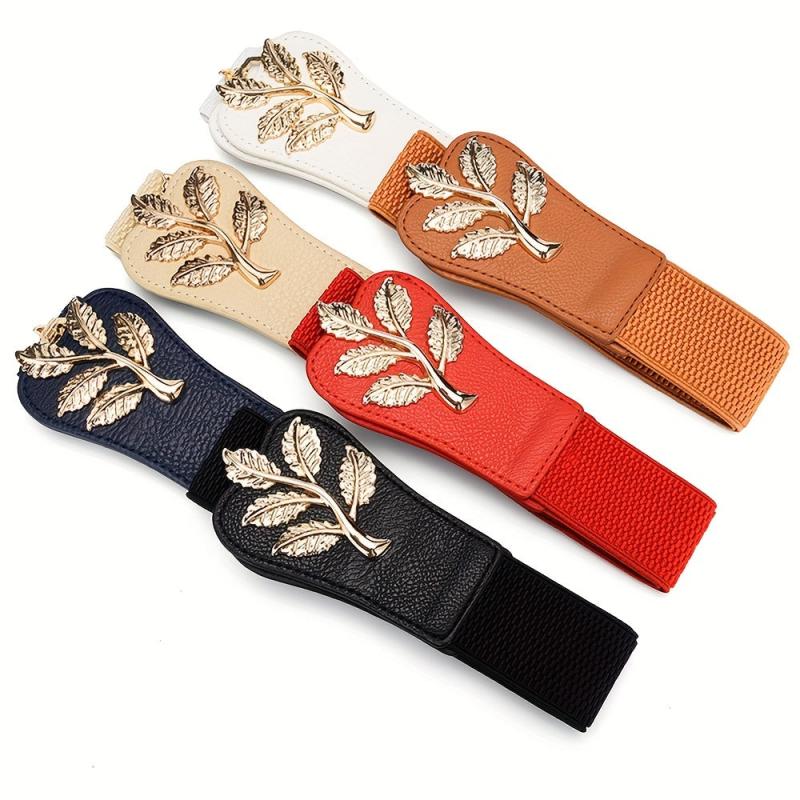 Golden Leaf Buckle Wide Belt Elastic Waistband Women Coat Dress Girdle