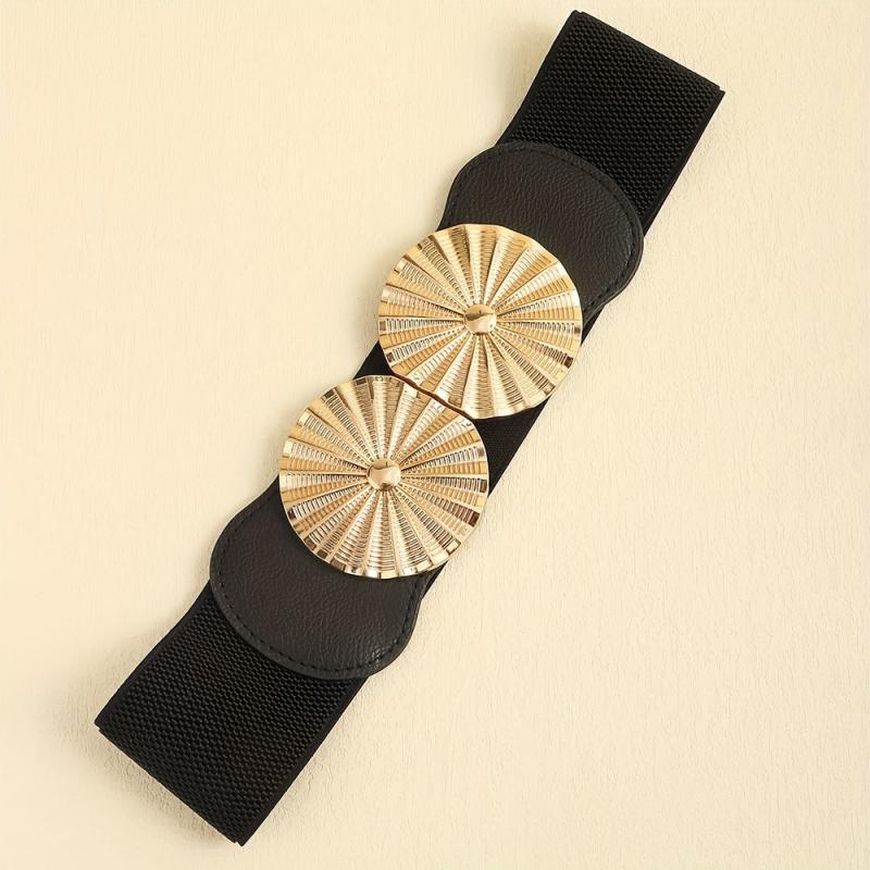 Geometric Circle Wide Belt PU Leather Elastic Waistband