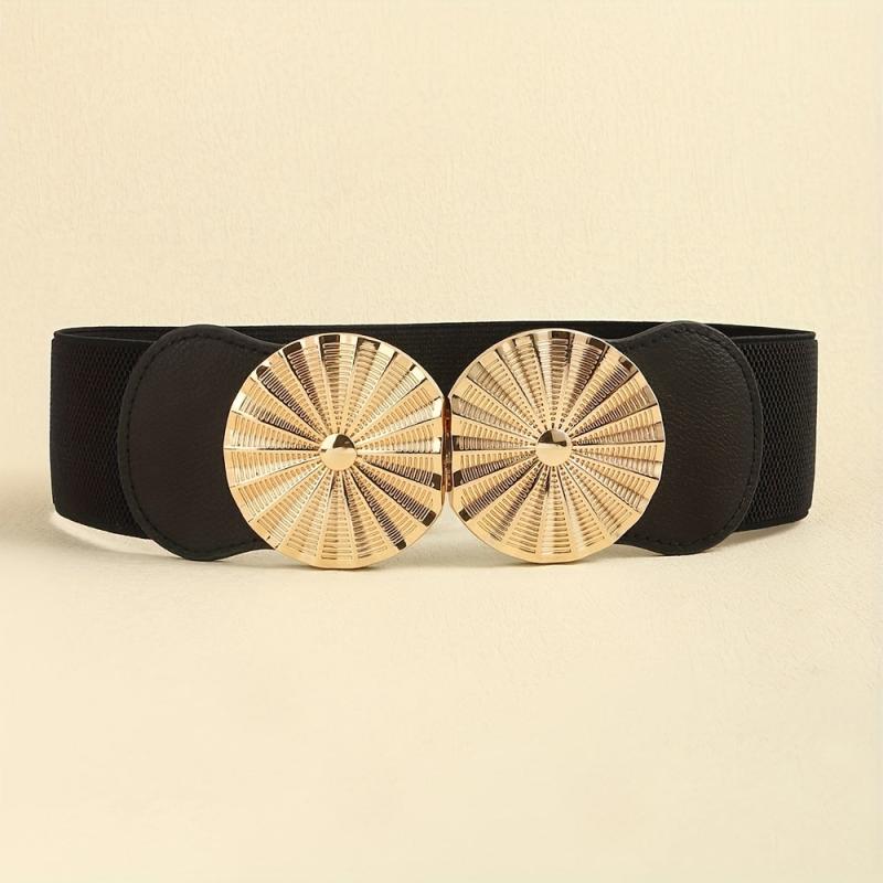 Geometric Circle Wide Belt PU Leather Elastic Waistband