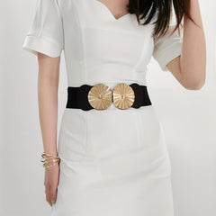 Geometric Circle Wide Belt PU Leather Elastic Waistband