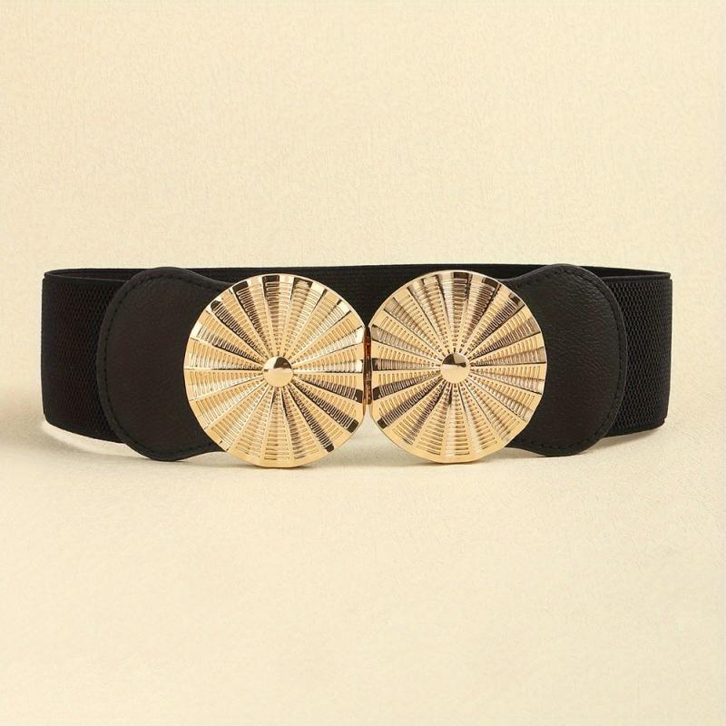 Geometric Circle Wide Belt PU Leather Elastic Waistband
