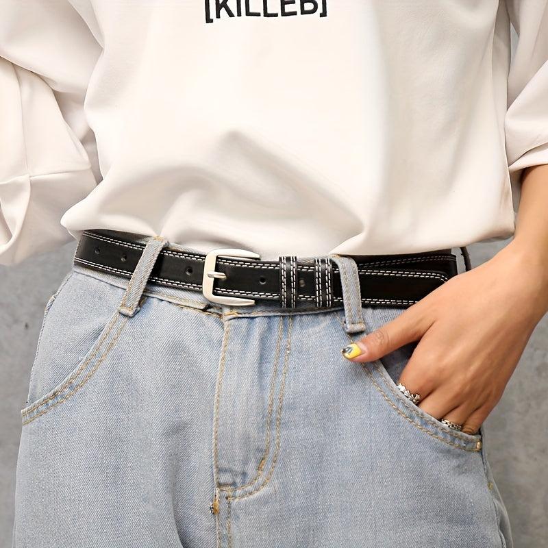 Square Pin Buckle Thin PU Leather Belt Vintage Solid Waistband