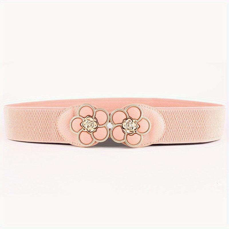 Flower Buckle Elastic Belt Women Vintage Wide Waist Seal Double Buckle